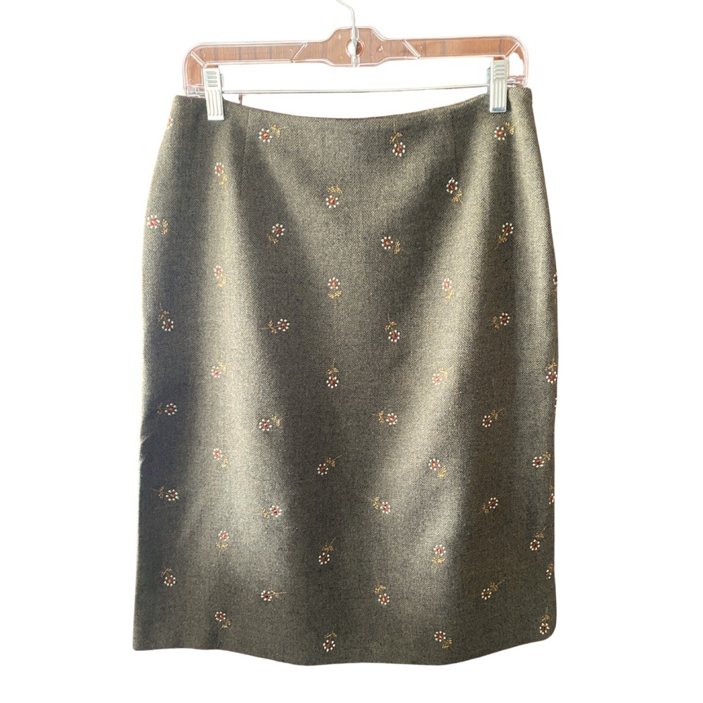 Vintage Nine West Green Herringbone Wool Pencil Skirt with floral embroidery